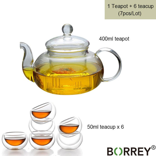 BORREY Glass Tea Set Heat Resistant Glass Tea Infuser Tea Pot Double Wall Glass Cup Kung Fu Tea Set Puer Kettle Gas Stove Teapot